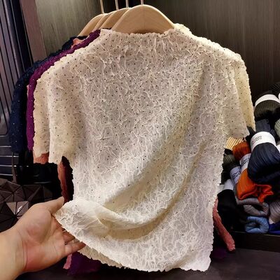 Hot pressed diamond pleated short sleeved T-shirt, summer new style, fashionable stand up collar, versatile pleated top