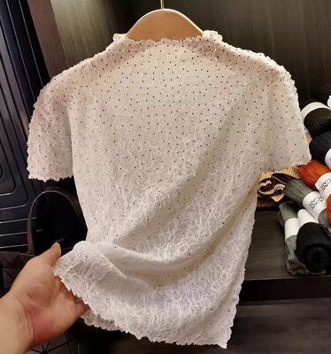 Hot pressed diamond pleated short sleeved T-shirt, summer new style, fashionable stand up collar, versatile pleated top