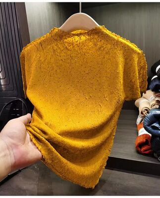 Hot pressed diamond pleated short sleeved T-shirt, summer new style, fashionable stand up collar, versatile pleated top