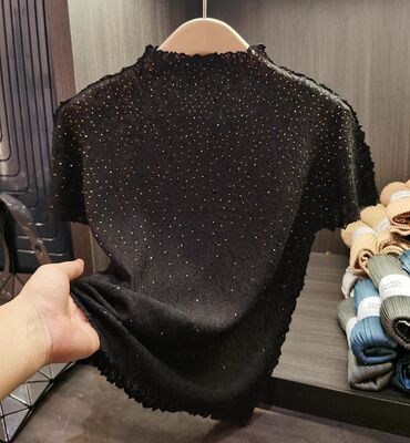 Hot pressed diamond pleated short sleeved T-shirt, summer new style, fashionable stand up collar, versatile pleated top