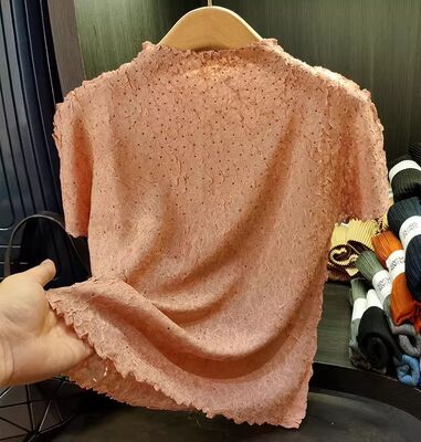 Hot pressed diamond pleated short sleeved T-shirt, summer new style, fashionable stand up collar, versatile pleated top