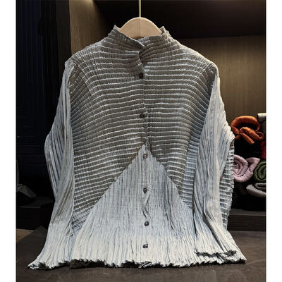 Splicing single breasted cardigan shirt for women in autumn, new style with irregular folds, versatile top