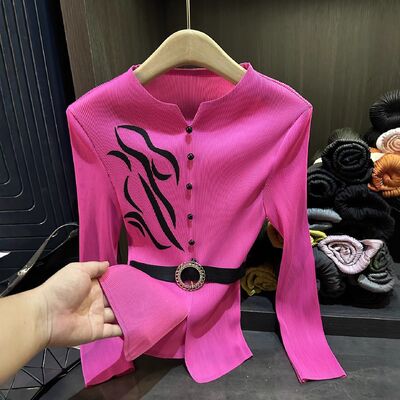 Autumn new European and American fashion printed pleated print V-neck T-shirt with slimming and versatile long sleeved top