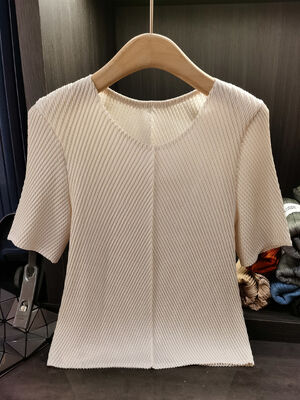 High-End Women's Elegant Dragon Scale Pleated T-Shirt Solid Color Short Sleeve Summer New Versatile Knitted Anti-Pilling