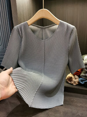 High-End Women's Elegant Dragon Scale Pleated T-Shirt Solid Color Short Sleeve Summer New Versatile Knitted Anti-Pilling