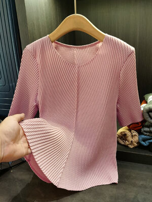 High-End Women's Elegant Dragon Scale Pleated T-Shirt Solid Color Short Sleeve Summer New Versatile Knitted Anti-Pilling