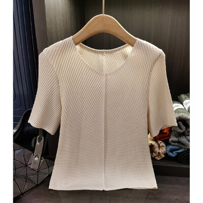High-End Women's Elegant Dragon Scale Pleated T-Shirt Solid Color Short Sleeve Summer New Versatile Knitted Anti-Pilling