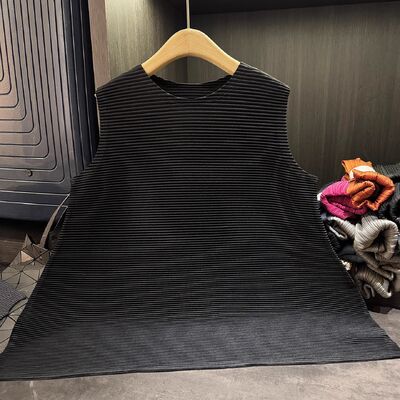 Autumn New Neck Sleeveless T-Shirt Top High-End Elegant Plus Size Solid Color Textured Pleated Versatile Casual Breathable Front
