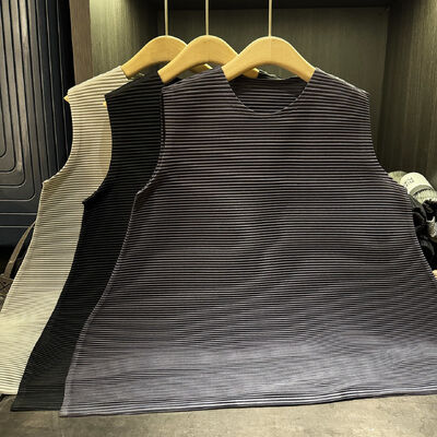 Autumn New Neck Sleeveless T-Shirt Top High-End Elegant Plus Size Solid Color Textured Pleated Versatile Casual Breathable Front