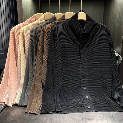 Autumn New Elegant Pleated Solid Color Long-Sleeve Lapel Single-Breasted Cardigan Vintage Style Slimming Top for Plain Dyed