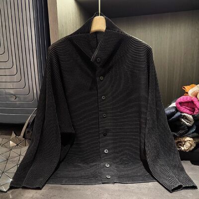 Autumn New Elegant Pleated Solid Color Long-Sleeve Lapel Single-Breasted Cardigan Vintage Style Slimming Top for Plain Dyed
