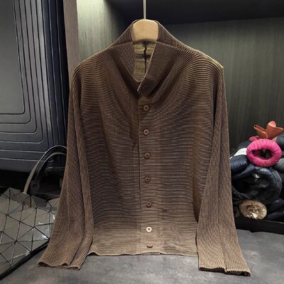 Autumn New Elegant Pleated Solid Color Long-Sleeve Lapel Single-Breasted Cardigan Vintage Style Slimming Top for Plain Dyed