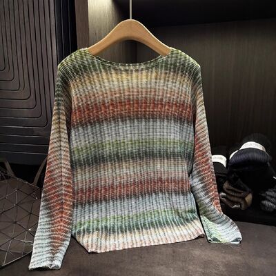 Niche Design Stylish Casual Loose Slimming T-Shirt High-End Striped Tie-Dye Printed Batwing Sleeve Neck Top Polyester Knitted