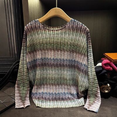 Niche Design Stylish Casual Loose Slimming T-Shirt High-End Striped Tie-Dye Printed Batwing Sleeve Neck Top Polyester Knitted