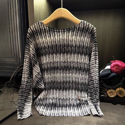 Niche Design Stylish Casual Loose Slimming T-Shirt High-End Striped Tie-Dye Printed Batwing Sleeve Neck Top Polyester Knitted