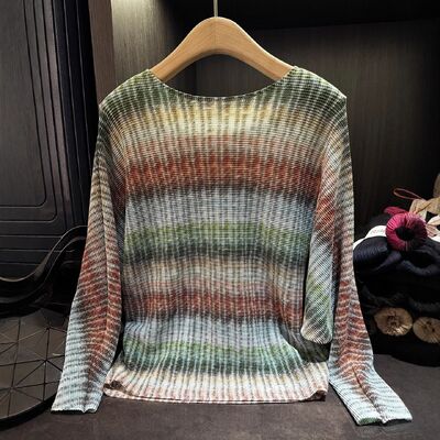 Niche Design Stylish Casual Loose Slimming T-Shirt High-End Striped Tie-Dye Printed Batwing Sleeve Neck Top Polyester Knitted