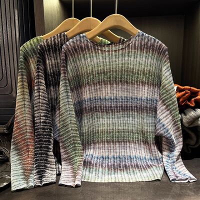 Niche Design Stylish Casual Loose Slimming T-Shirt High-End Striped Tie-Dye Printed Batwing Sleeve Neck Top Polyester Knitted