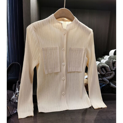 Women's Trendy Pleated Long Sleeve Pocket Shirt Youthful Style Solid Color Autumn Plus Size Slimming Stand Collar Versatile for