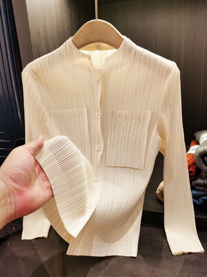 Women's Trendy Pleated Long Sleeve Pocket Shirt Youthful Style Solid Color Autumn Plus Size Slimming Stand Collar Versatile for