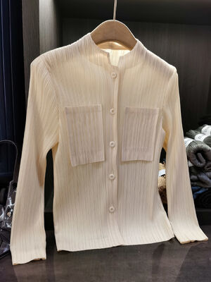 Women's Trendy Pleated Long Sleeve Pocket Shirt Youthful Style Solid Color Autumn Plus Size Slimming Stand Collar Versatile for