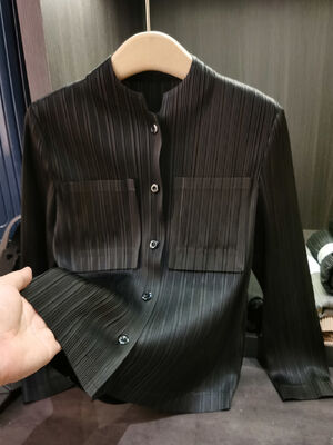 Women's Trendy Pleated Long Sleeve Pocket Shirt Youthful Style Solid Color Autumn Plus Size Slimming Stand Collar Versatile for