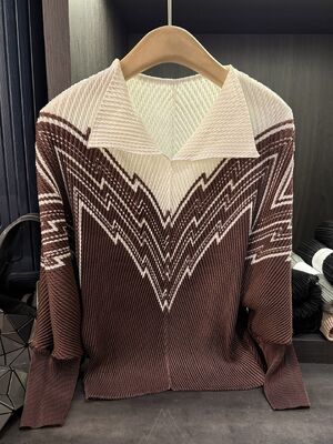 European Station Autumn New Fashion V-Neck Color-Block Print Dragon Scale Ruched Loose Butterfly Sleeve Polyester Knitted