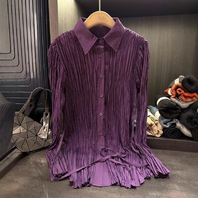 High-end Elegant Solid Color Woven Office Autumn Anti-Pilling Regular Fit Pleated Turn-down Collar Versatile Long Sleeve Blouse