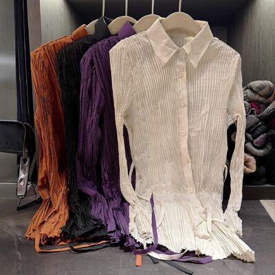 High-end Elegant Solid Color Woven Office Autumn Anti-Pilling Regular Fit Pleated Turn-down Collar Versatile Long Sleeve Blouse