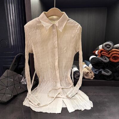 High-end Elegant Solid Color Woven Office Autumn Anti-Pilling Regular Fit Pleated Turn-down Collar Versatile Long Sleeve Blouse
