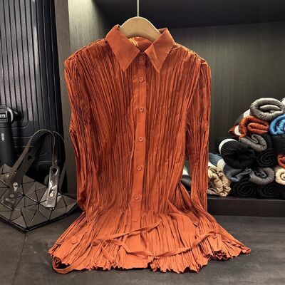High-end Elegant Solid Color Woven Office Autumn Anti-Pilling Regular Fit Pleated Turn-down Collar Versatile Long Sleeve Blouse