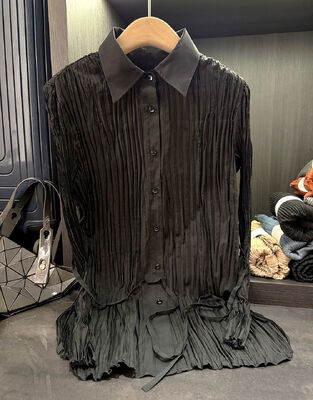 High-end Elegant Solid Color Woven Office Autumn Anti-Pilling Regular Fit Pleated Turn-down Collar Versatile Long Sleeve Blouse