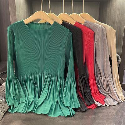 2025 Early Autumn Spring New Style Women's Fashionable Long Sleeve Pleated T-Shirt Solid Color Versatile Top Patchwork Design