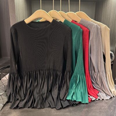 2025 Early Autumn Spring New Style Women's Fashionable Long Sleeve Pleated T-Shirt Solid Color Versatile Top Patchwork Design