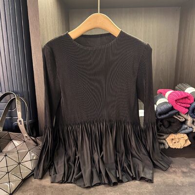 2025 Early Autumn Spring New Style Women's Fashionable Long Sleeve Pleated T-Shirt Solid Color Versatile Top Patchwork Design