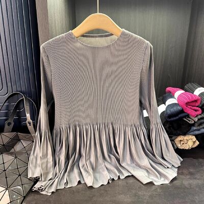 2025 Early Autumn Spring New Style Women's Fashionable Long Sleeve Pleated T-Shirt Solid Color Versatile Top Patchwork Design