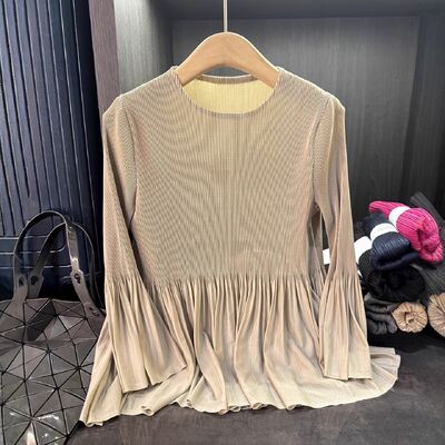 2025 Early Autumn Spring New Style Women's Fashionable Long Sleeve Pleated T-Shirt Solid Color Versatile Top Patchwork Design