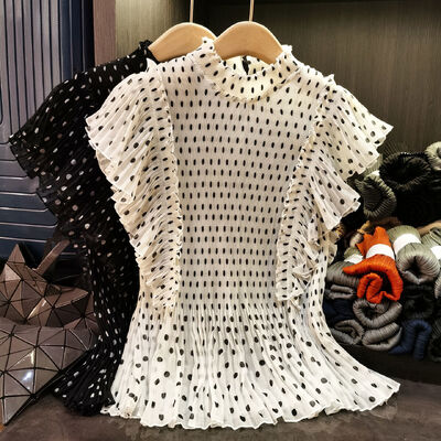 French-Style Elegant Short-Sleeve T-Shirt High-End New Summer Age-Reducing Lightweight Top Polka-Dot Print Lotus Leaf Hem Loose
