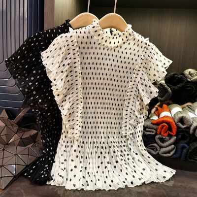French-Style Elegant Short-Sleeve T-Shirt High-End New Summer Age-Reducing Lightweight Top Polka-Dot Print Lotus Leaf Hem Loose