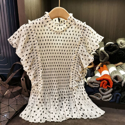 French-Style Elegant Short-Sleeve T-Shirt High-End New Summer Age-Reducing Lightweight Top Polka-Dot Print Lotus Leaf Hem Loose