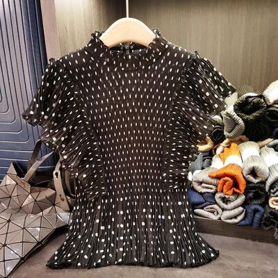 French-Style Elegant Short-Sleeve T-Shirt High-End New Summer Age-Reducing Lightweight Top Polka-Dot Print Lotus Leaf Hem Loose