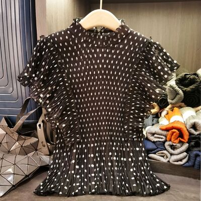 French-Style Elegant Short-Sleeve T-Shirt High-End New Summer Age-Reducing Lightweight Top Polka-Dot Print Lotus Leaf Hem Loose