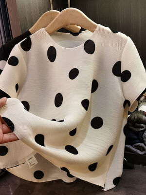 Women's Korean Style Simple Polka Dot Neck Short-Sleeved T-Shirt Summer All-Match Top Anti-Pilling Loose Casual Slimming Design