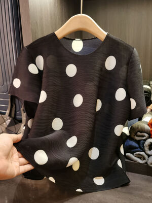 Women's Korean Style Simple Polka Dot Neck Short-Sleeved T-Shirt Summer All-Match Top Anti-Pilling Loose Casual Slimming Design