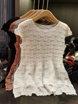 High-End Summer New Design Solid Square Grid Pleated T-Shirt Handmade Slimming Commuting Versatile Casual Top Knitted