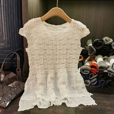 High-End Summer New Design Solid Square Grid Pleated T-Shirt Handmade Slimming Commuting Versatile Casual Top Knitted