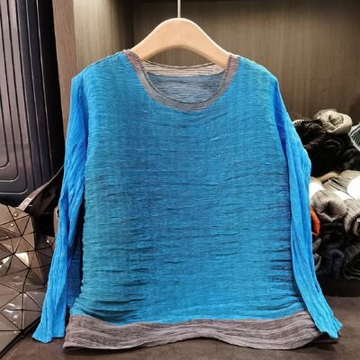 High-End Casual Polyester Pleated Long Sleeve Pullover T-Shirt Simple Versatile Loose Plus Size Top Autumn Spring Color-Block