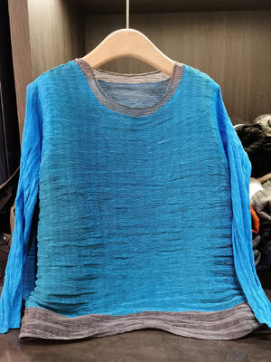 High-End Casual Polyester Pleated Long Sleeve Pullover T-Shirt Simple Versatile Loose Plus Size Top Autumn Spring Color-Block