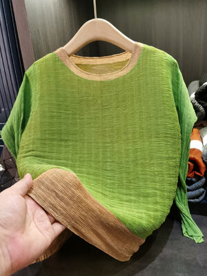 High-End Casual Polyester Pleated Long Sleeve Pullover T-Shirt Simple Versatile Loose Plus Size Top Autumn Spring Color-Block