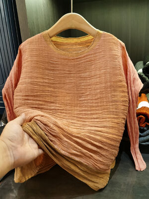 High-End Casual Polyester Pleated Long Sleeve Pullover T-Shirt Simple Versatile Loose Plus Size Top Autumn Spring Color-Block