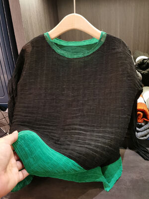 High-End Casual Polyester Pleated Long Sleeve Pullover T-Shirt Simple Versatile Loose Plus Size Top Autumn Spring Color-Block